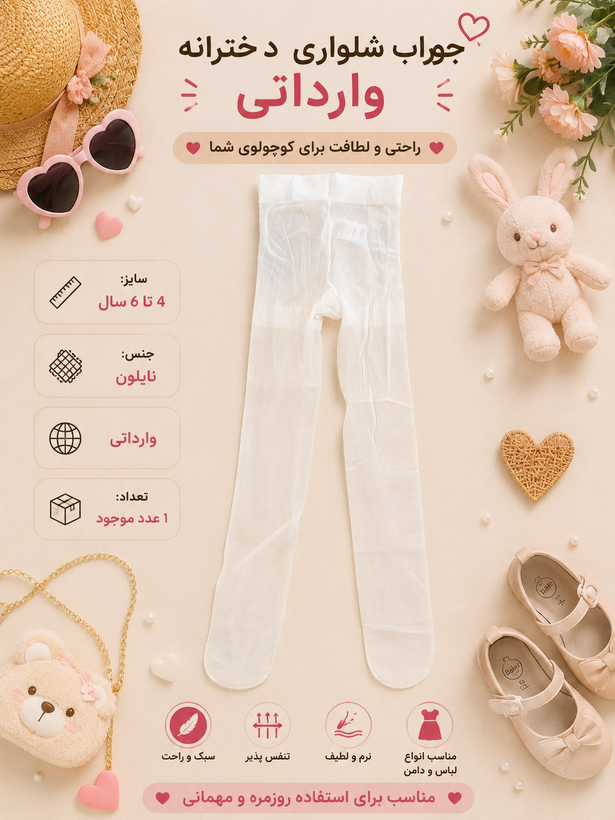 جوراب شلواری دخترانه سفید وارداتی