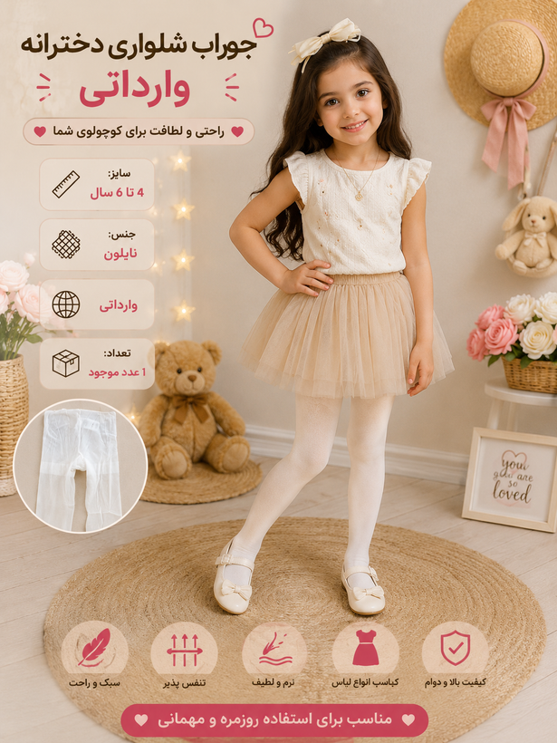 جوراب شلواری دخترانه سفید وارداتی
