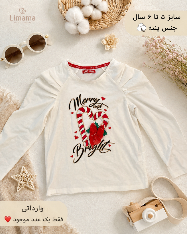 تیشرت دخترانه آستین بلند وارداتی – طرح Merry and Bright