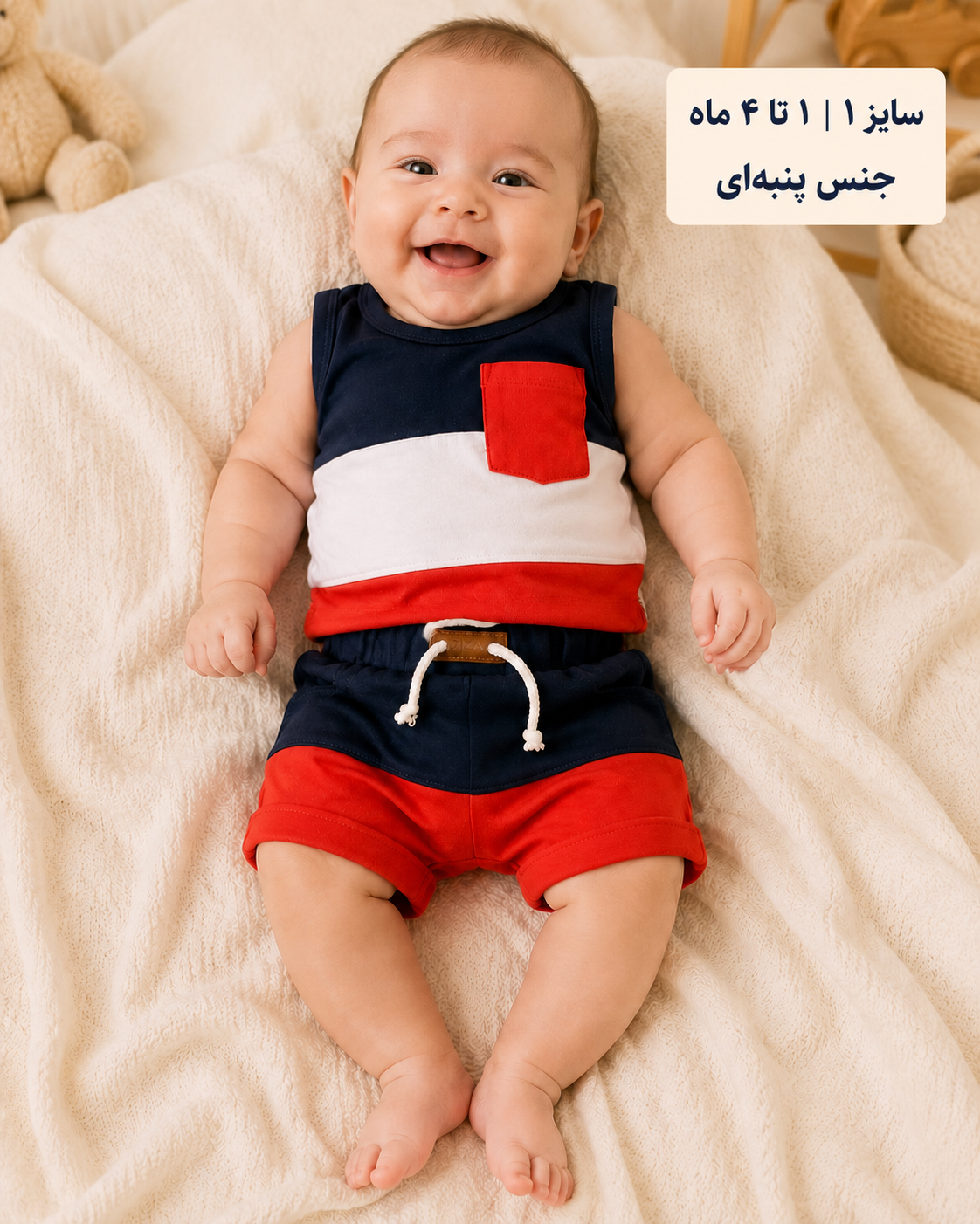 ست تاپ و شلوارک نوزادی پسرانه پنبه‌ای سورمه ای قرمز | سایز ۱